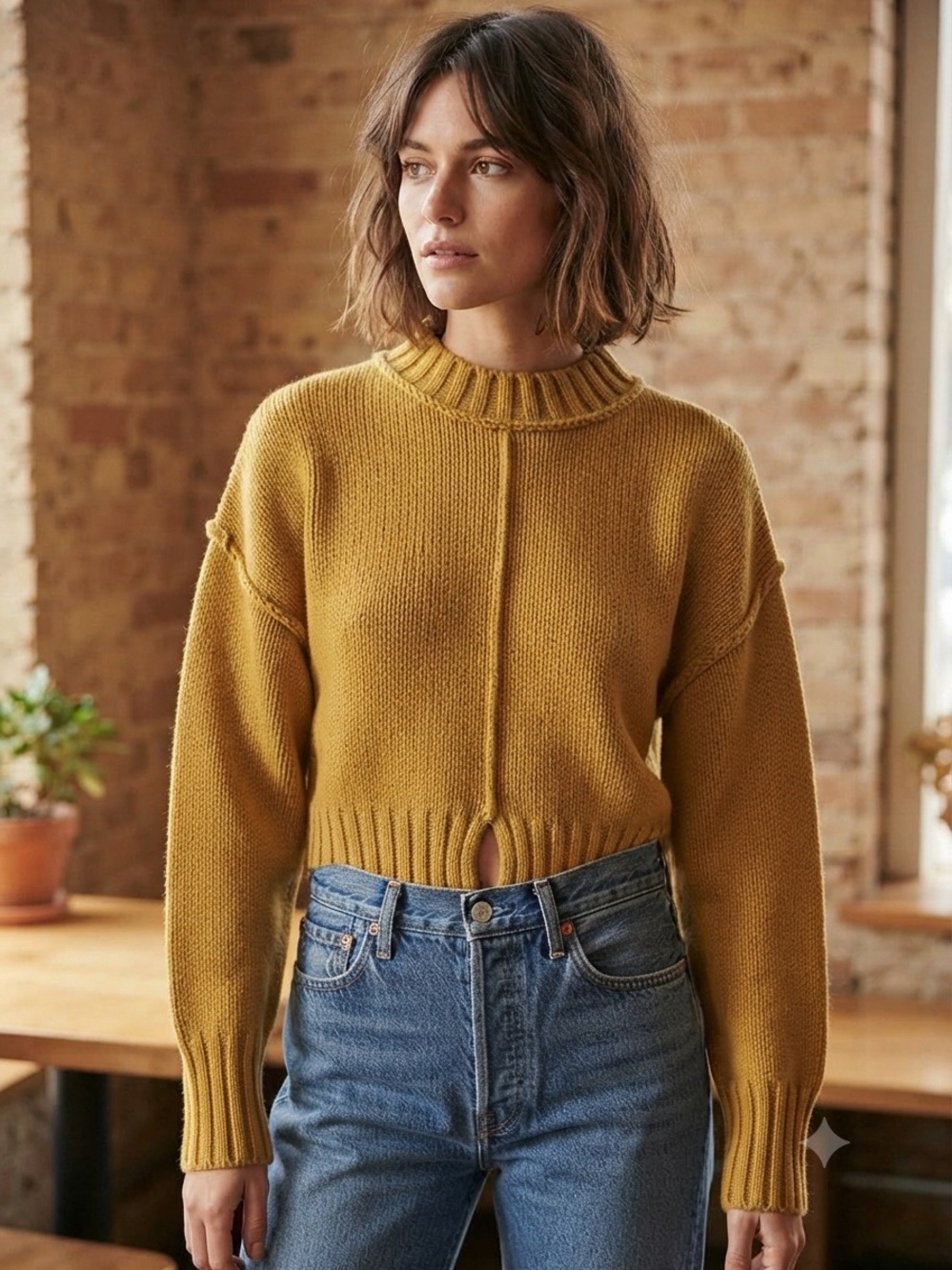 ZARA Mustard Cropped Ribbed Trim Mock Neck Sweater